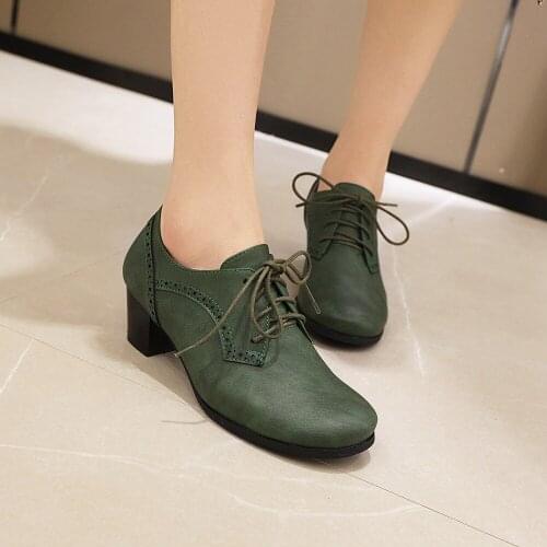 2021 spring Fashion High Heels Bullock Retro Women Pumps Ladies Round Toe Square Heel Platform Lace-up Shoes zapatos de mujer