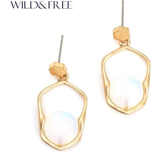 WILD & FREE Women Fashion Vintage Natural Stone Stud Earrings Gold Zinc Alloy Geometric Shape Pendant Earrings Jewelry