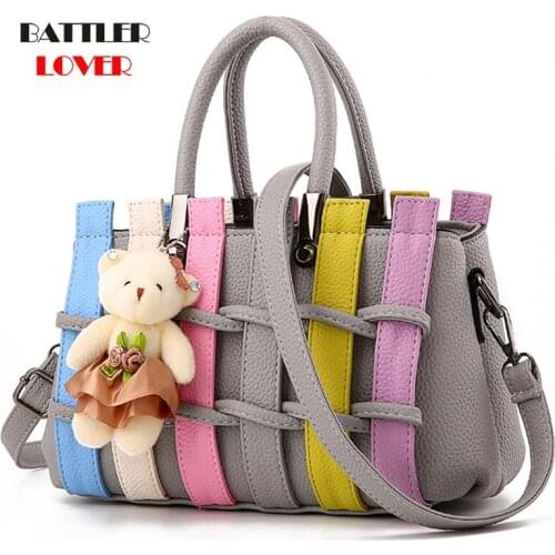 Women Colorful Knitting Handbags Bear Pendant Design Shulder Bags For Female 2021 High Quality Crossbody Purses Ladies Satchels