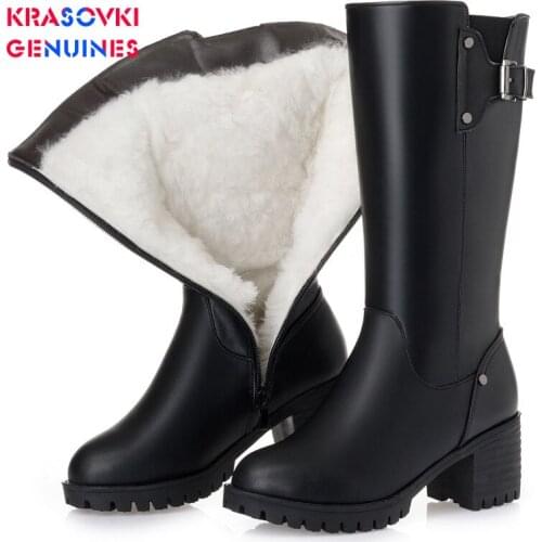 Krasovki Genuines Wool Women Snow Boots Fashion Genuine Leather Fur Warm Shoes Plush Boots Platform High Heel Women Winter Boots