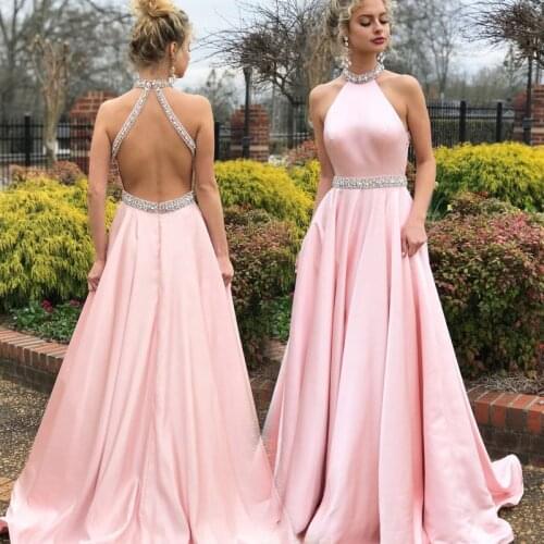 Vestido De Festa Sweet pink Crystal Satin V-neck Evening Sleeveless Party Sexy Backless Solid Color Prom O-neck Dresses