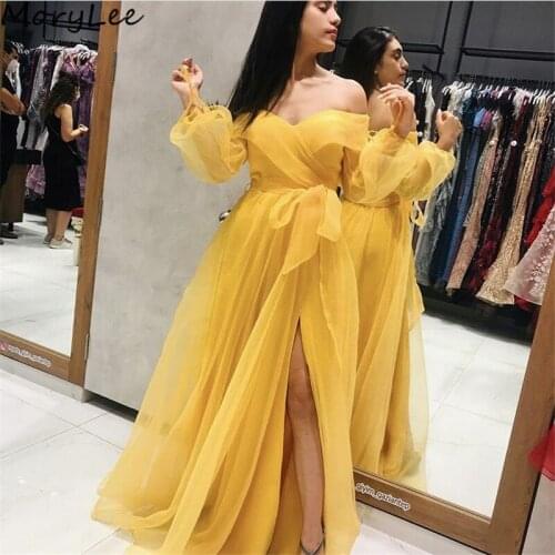 Yellow Prom Dresses V-Neck Long Sleeves A-Line Side Slit Tulle Pleated Prom Dresses With Lace Up vestidos de fiesta de noche