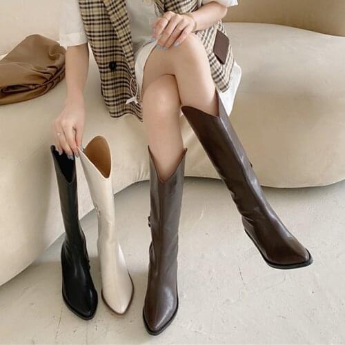 2020 INS Winter Women Beige Knee High Heels Boots Lady Riding Botas 5cm Spike High Heels Pointed Toe Shoes Footwear Long Boots