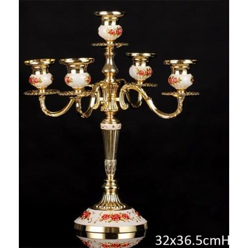 Vintage Gold Plating White with Red Rose Branches Hand Painted Home Decor Tabletop Metal Alloy 5 Pieces Stick Candle Holders
