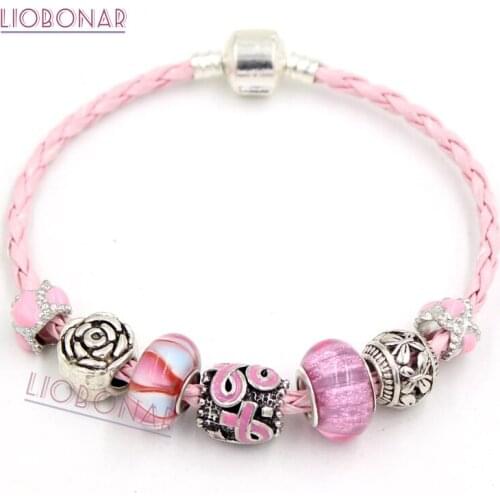 6PCS Breast Cancer Awareness Jewelry, European Lampwork Murano Bead Pink Ribbon Bracelet Breast Cancer Pink Ribbon Bracelets