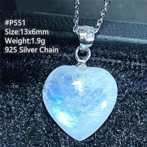 Natural Blue Light Heart Moonstone Crystal Pendant Jewelry For Woman Man Love Healing Stone Beads Silver Chains Gemstone AAAAA