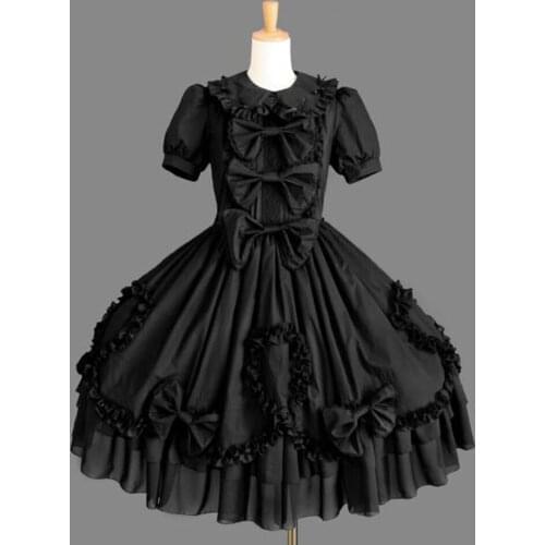 Gothic Black Dress Short Sleeve Bows Layered Ruffles Peter Pan Collar Cotton Lolita One Piece Dress Halloween Costume