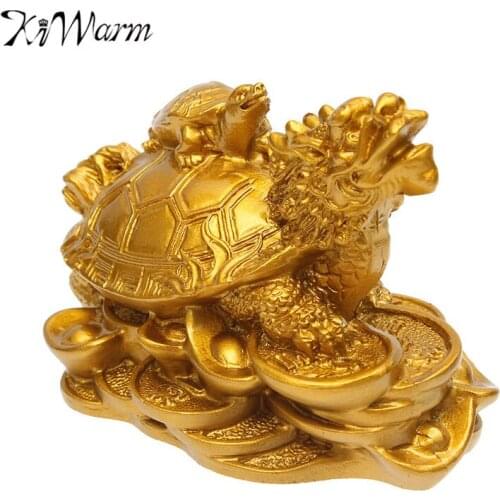KiWarm Gold Resin Feng Shui Dragon Turtle Tortoise Statue Figurine Coin Money Wealth Ornaments For Home Office