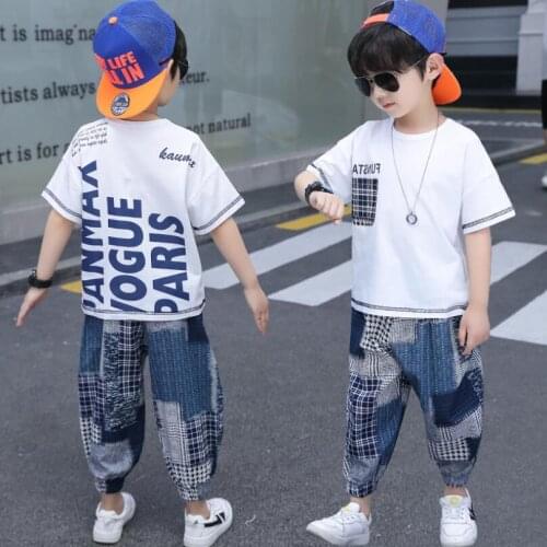 Summer clothing set for boys t-shirt+pants 2pcs/set 3-13Y kids ankle-length loosen trousers cotton Tees children school pants