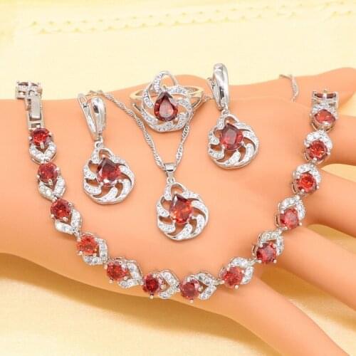 Red Imitated Emerald Crystal White Zirconia Silver Bridal Jewelry Sets For Women Necklace Pendant Earrings Ring Bracelet
