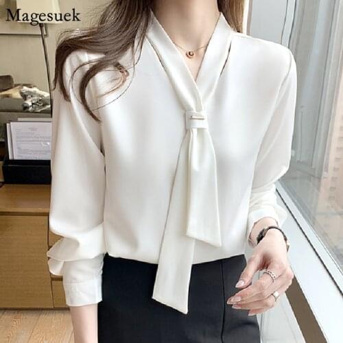 Summer V Neck Chiffon Shirts with Tie Office Lady Women 2021 New Loose Tops Long Sleeve White Woman Blouses Women Clothing 13022
