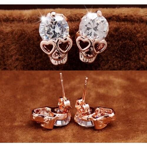 Cute Heart Eyes Skull Earrings for Women Girl Small Jewelry Rose Gold Color Trendy Shining CZ Crystal Stud Earrings brincos Gift