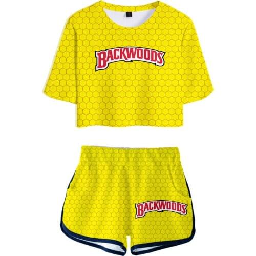 Fashion pattern design Backwoods girl hip-hop belly button T-shirt two-piece + shorts summer ladies sexy friend style Tshirt set