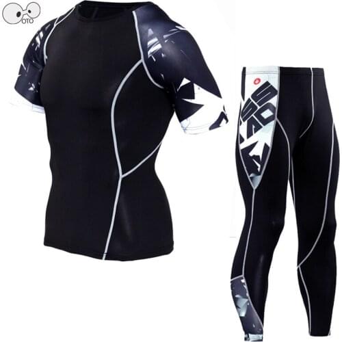 2020 Mens Stretch Compression Running Sets 3D Printed Short Sleeve Shirts + Pants 2Pcs Sports Suit Gym Fitness Jogging Clothing
