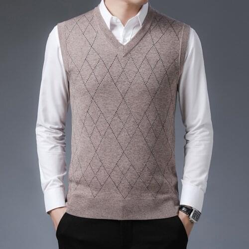 Man Thick Cashmere Sweater Casual Plaid Sleeveless Jumper Male V-Neck Warm Wool Vest Knit Clothing Pullovers