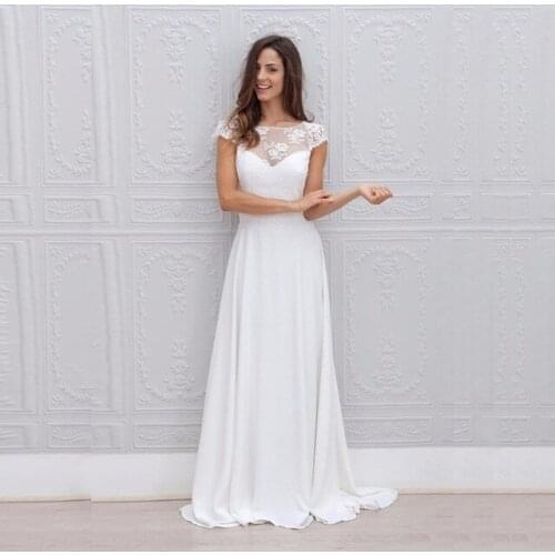 Beach Wedding Dress 2021 Chiffon Lace Appliqued Bridal Gowns Scoop Cap Sleeves Plus size Bride Dress vestido de noiva