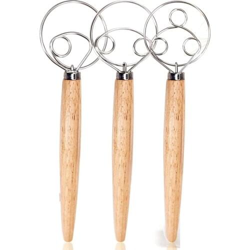 Practical 3PCS Danish Dough Whisks, Mixing Whisk Tools for Kitchen Baking Wooden Handle Manual Dough Mixer