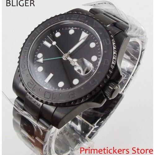 PVD coated case 40mm sapphire glass sterile black dial GMT luminous automatic movement mens watch