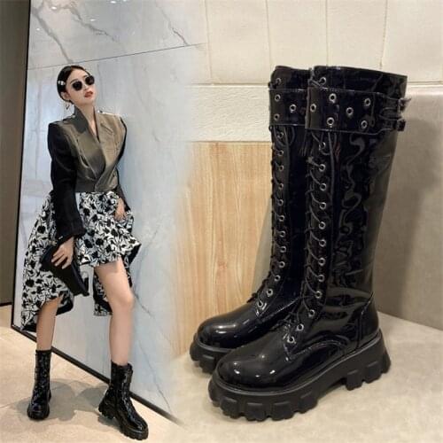 PXELENA Plus Size 34-45 Punk Rock Gothic Combat Motorcycle Military Knee High Boots Women Chunky Block Heel Thick Platform Shoes