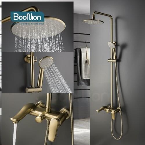 Boonion Brushed gold Brass Luxury multi-function shower Faucets Bathroom Shower Set Diverter Mixer Valve Hot and coldSystem
