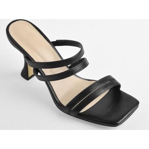 Richealnana Concise Square Toe Sandal Slip-On Shoes For Women Matte Black Narrow Band Summer Kitten Heel Fashion Slipper