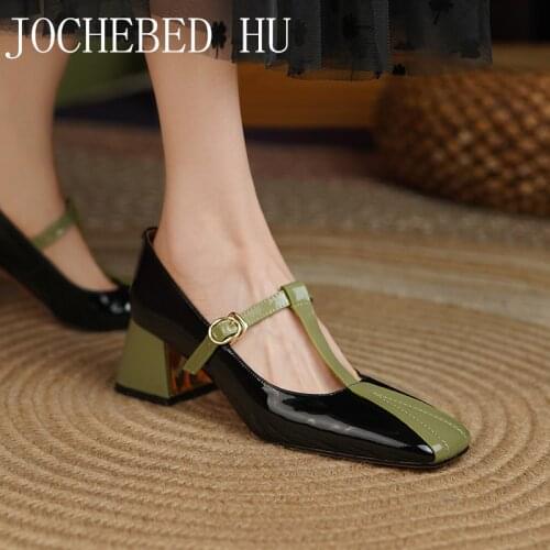 【JOCHEBED HU】2021 Square Toe Pumps Women Genuine Leather Mid Heel Mary Janes Shoes Buckle Strap Thick Heels Shoes Ladies 34-42
