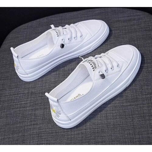 Embroidery Summer Shallow Mouth White WomenS Casual Shoes Lazy Sneakers All-Match One Pedal PU Breathable Students Shoes
