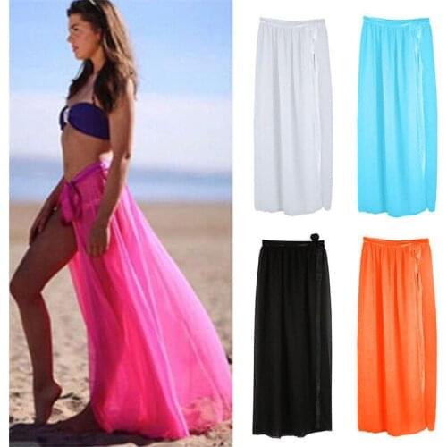 Women Summer Sexy Bikini Cover-Ups Swimwear Solid Color Mesh Sheer Beach Mini Wrap Skirt Sarong Pareo Bathing Suit