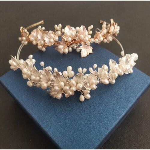 SLBRIDAL Handmade Luxury Alloy Leaf Crystal Rhinestones Freshwater Pearls Bridal Tiara Wedding Party Crown Women Hair Jewelry