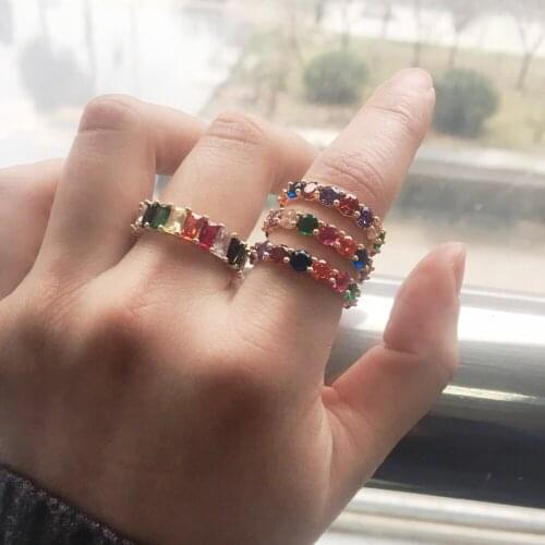 Gold filled fashion jewelry rainbow round baguette cz engagement ring for women colorful cubic zirconia cz eternity band ring