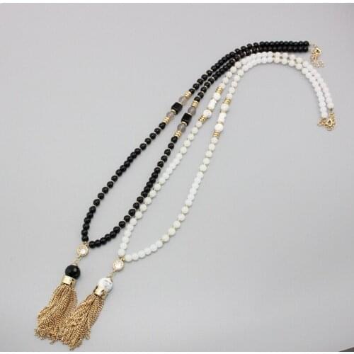 2016 new fashion crystal jewelry stone beads vintage necklace Black and white beads gold tassel long necklace women