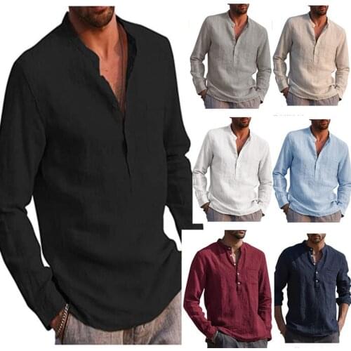 2021 Hot Style Mens Long-sleeved V-neck Casual Beach Linen Shirt Mens Wear Harajuku Shirt