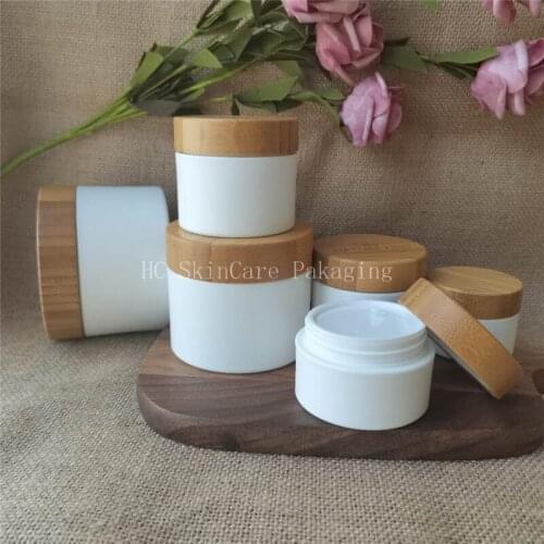 Bamboo Cream Jar Bulk 10g 30g 50g 100g150g White PP Plastic With Bamboo Cap jar For Body Cream Hand Cream Eye Cream Container
