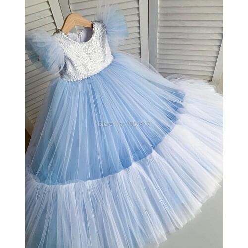 Sparkly Sequins Flower Girl Dress For Wedding Sky Blue Girls Pageant Gowns New Arrivals Long Dress