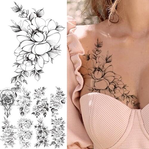 Big Black Fake Flower Realistic Tattoo Stickers For Women Lady Adult Rose Azalea Feather Temporary Tattoos Waterproof Tattos