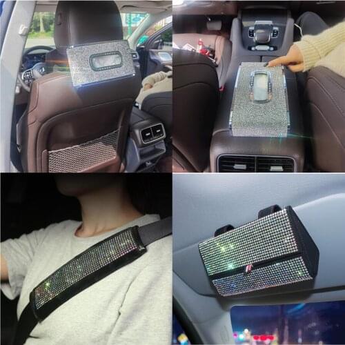 Car Interior Covers Rhinestone Tissue Box Seat Belt Shoulder Pads Lady Decorative Item Glasses Case Season Universal Diamond Set