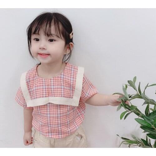 2019 New Spring Clothes Toddler Kids Girls Long Sleeve Cotton Shirt Checks Plaid Tops Blouse Baby Girl Navy Collar Top Tees 2-7Y