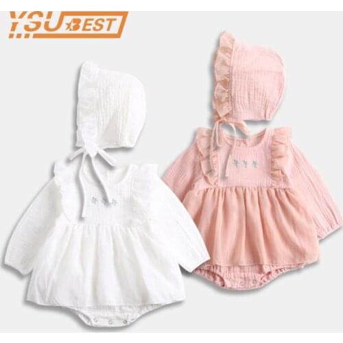Baby Girls Rompers 2019 Autumn Cotton Clothes Sets 2Pcs Suit Newborn Baby Pink White Long Sleeve Rompers + Hat Toddler Jumpsuit