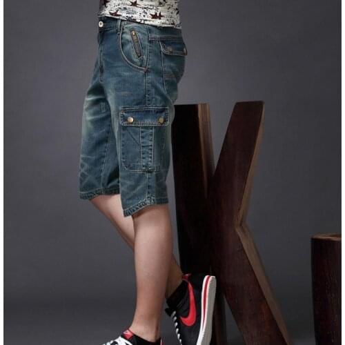Summer thin cropped jean shorts for men Loose, straight, multi-bag casual trousers overalls