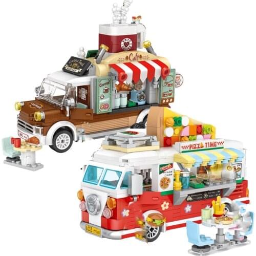 Mini Car Building Blocks Pizza Coffee Store Model Figures Food Truck Bricks Kit Girls Educational Toys for Kids Christmas Gift