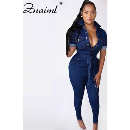 Znaiml Fashion Blue High Waist Denim Jumpsuit 2021 Women Single-Breasted Short Sleeve Sashes Straight Slim Cowboy Rompers Female