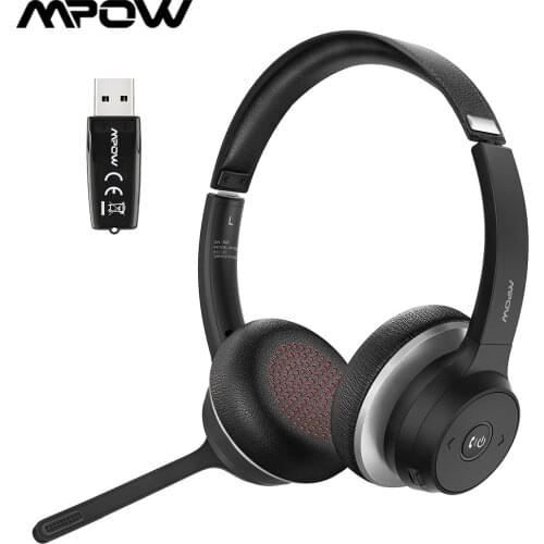 Mpow HC5 Bluetooth 5.0 Headset with USB Adapter CVC8.0 Dual Mic Noise Cancelling Headset with 22H Playtime for PC Office Work