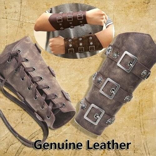 Men Medieval Cosplay Leather Armor Arm Warmers Lace-Up Viking Pirate Knight Gauntlet Wristband Bracer Steampunk Accessories