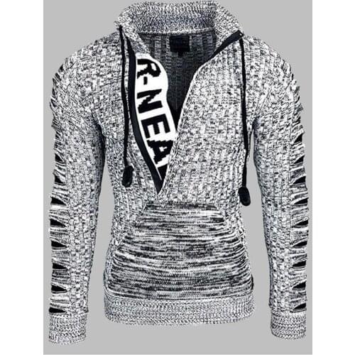 Men Knitted Sweaters Autumn Winter Letters Sweater Long Sleeve Turn Down Collar Ripped Hooded Thick Pullovers Warm With Pocket