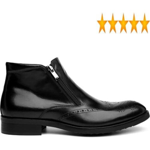 Brogue Wing Tip Mens Vintage Ankle Boots Business Work High Top Real Cow Leather Shoes British Pointed Toe Low Heel Footwear