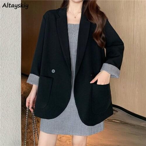 Blazers Women Double-breasted Plaid Loose Pockets Spliced Korean Fashion Khaki Button Office High-quality Stylish Spring Chic