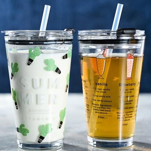 450ML Glass Straw Cup with Scale Transparent Graffiti Style Large Capacity Drinking Juice Bottle Water Bottle Cute Bottle