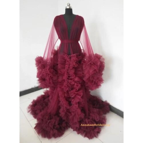 Red Wine Photography Dress See Thru Long Prom Dresses With Puff Full Sleeves Prom Gowns Ruffles Tiered Pregnant Woman Long Robe