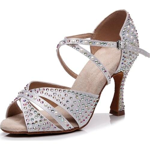 Woman Rhinestone Latin Ballroom Dance Shoes Black and White Bachata Salsa Shoes for Dancing Girls Hgih Heel Sandals Dance-shoes