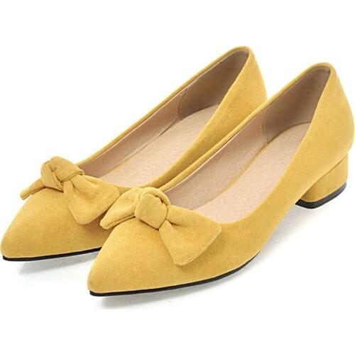 AGODOR 2020 Block Heel Shoes Women Pointed Low Heels Bow Pumps Spring Office Ladies Party Dress Work Shoes Black Pink Size 10